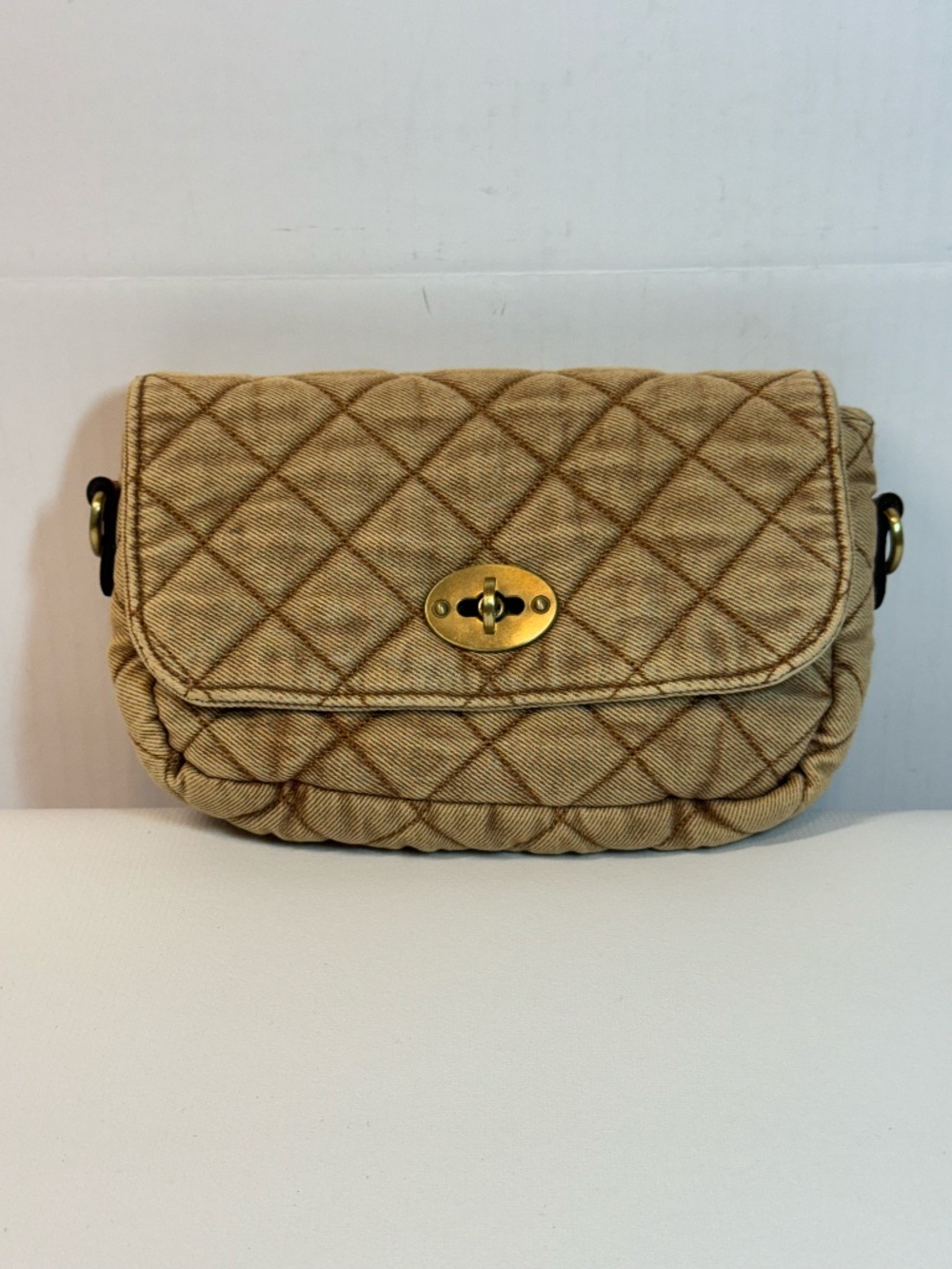 Patricia Nash Bonny Denim Tan Quilted Crossbody Bag Turn Lock Purse